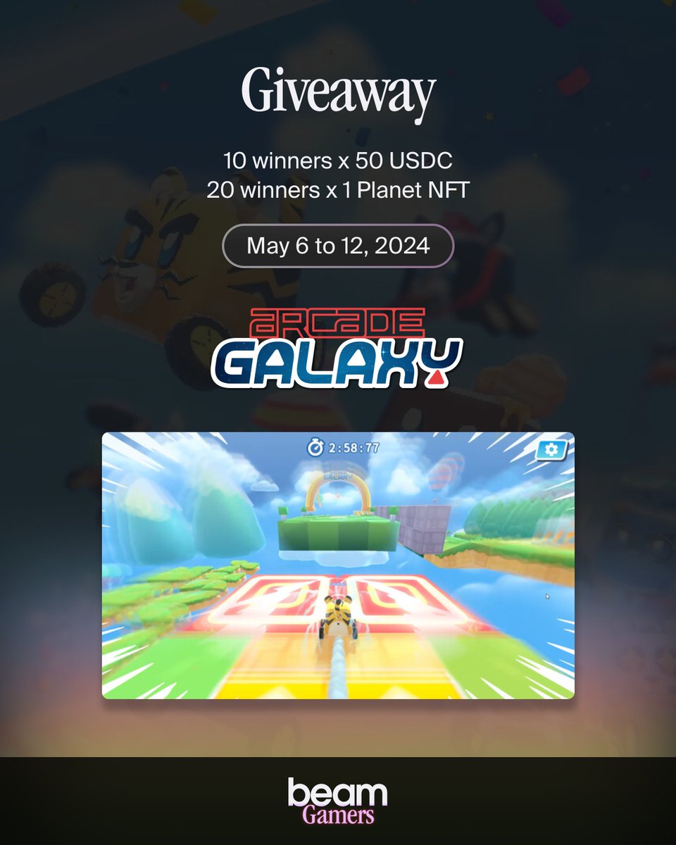 🚀 BeamGamers x Arcade Galaxy Giveaway 🌌
🗓️ May 6-12

Race into <a href="/arcadegalaxy_/">Arcade Galaxy🔺</a> for a chance to win big! 🏎️💨

🔸🔸🔸

🏆 Prizes:
10 winners: 50 USDC each 💵
20 winners: 1 Planet NFT each 🌍

🌟 Own a Planet NFT? Look forward to an $RCADE airdrop in the future! 🌌

🔸🔸🔸

🚀 How