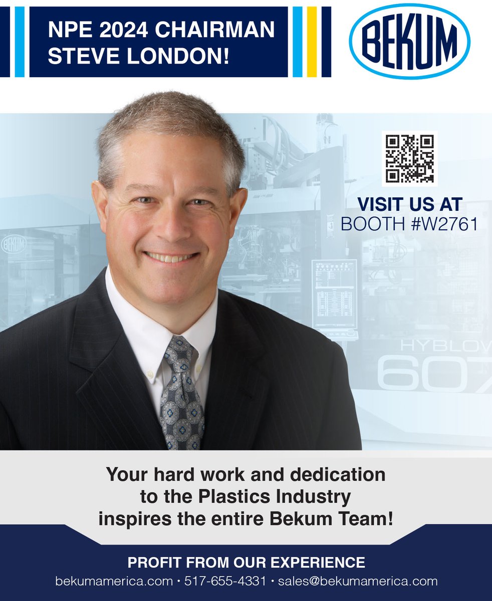 #NPE2024 is finally here! We are very proud of our president and COO Steve London for serving as NPE chairman and are grateful for all his hard work and dedication to the Plastics Industry.

#bekumamerica #bekum #NPE2024 #tradeswork #blowmolding #plastics #plasticsmanufacturing