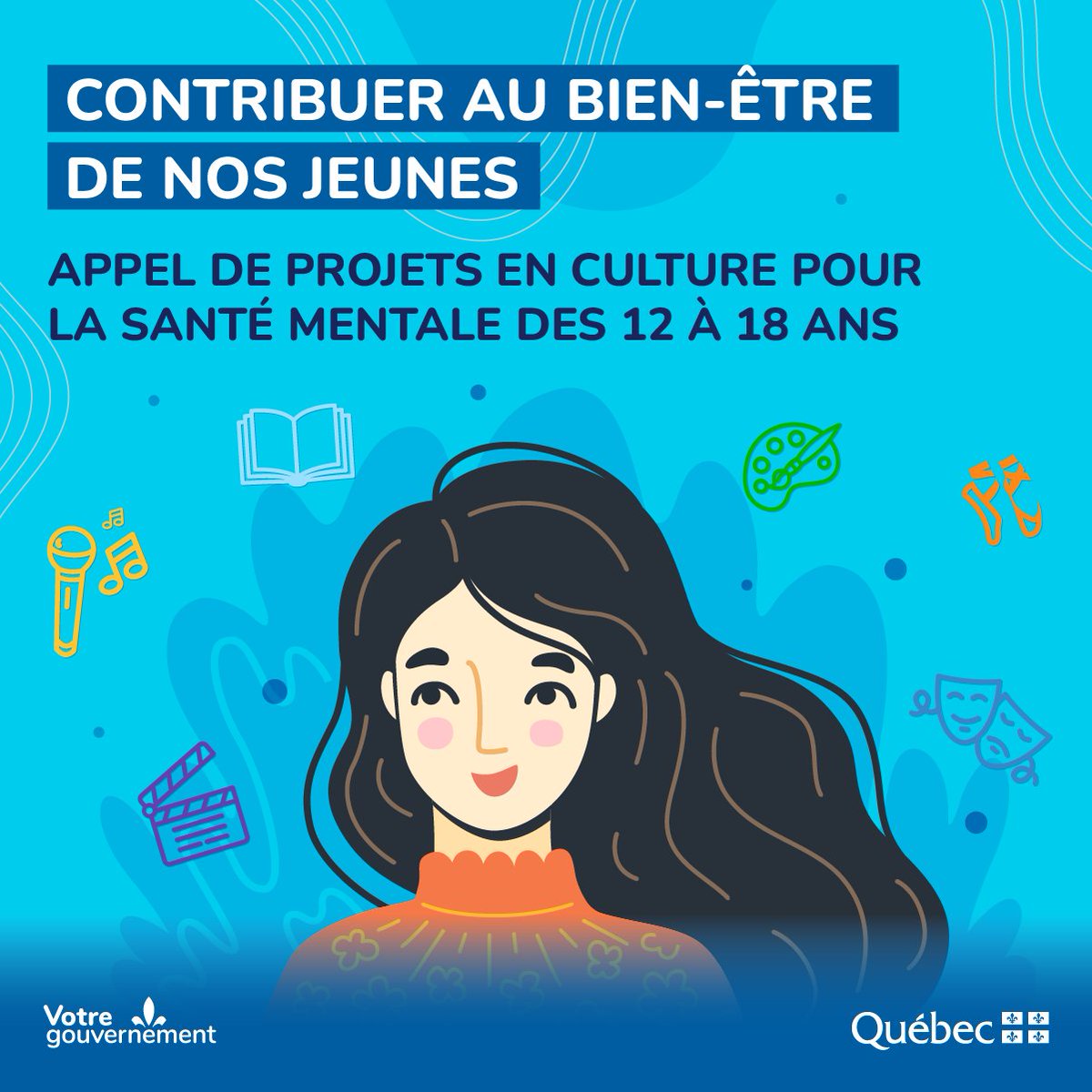 #communiqué Lancement de la 3e édition de l'Appel de projets en culture pour la santé mentale des jeunes de 12 à 18 ans Détails : bit.ly/3Wq2sUt | @msss_qc #CultureQc #JeunesQc