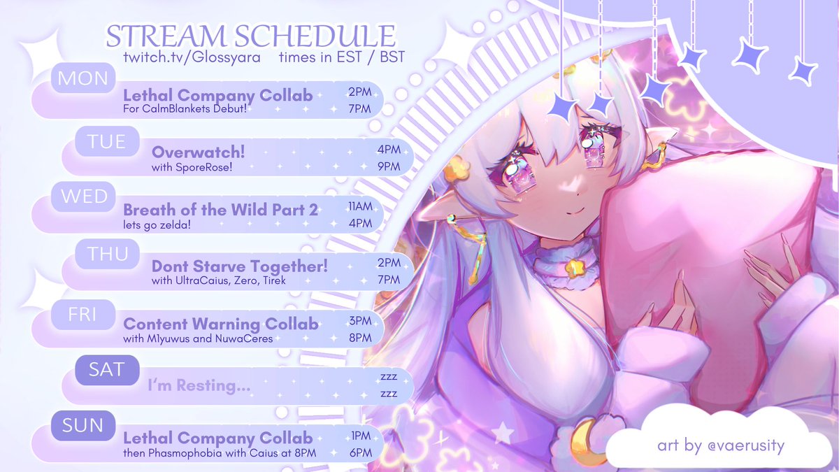 ﾟ•┈꒰ა ♡ ໒꒱┈•  ｡ﾟ 🌙
WEEKLY SCHEDULE! 
─── ⋆⋅☆⋅⋆ ── 
6th May - 12th May 
─── ⋆⋅☆⋅⋆ ──

subject to change! all changes announced in the discord! 💜💫