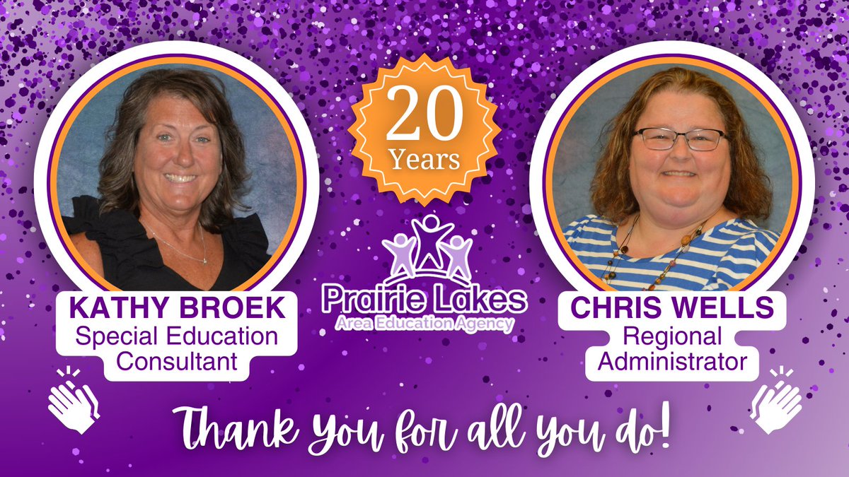 We are thrilled to recognize two of our #PLAEA employees for 20 years of service!

⭐Kathy Broek, Special Education Consultant
⭐Chris Wells, Regional Administrator

Congratulations on two decades of outstanding work! #EveryDayAtPLAEA