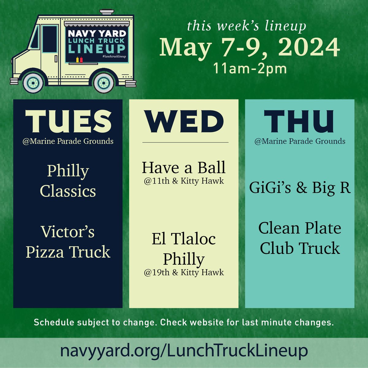 Such a great lineup this week! Check it out!

Tues - Philly Classics and Victor's Pizza Truck
Wed - Have a Ball and El Tlaloc Philly
Thurs - GiGi's and Clean Plate Club

#navyyardeats #discovertheyard #navyyardphilly #lunchtrucklineup