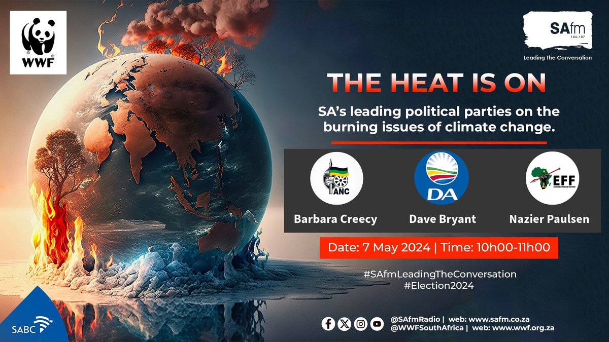 🔔 [REMINDER] 🗣️ Tomorrow three of South Africa’s leading political parties @MyANC @EFFSouthAfrica @Our_DA debate their strategies for tackling climate change. 🌍🌡️ Tune in at ⏰ 10h00 on @SAfmRadio. #Election2024 🗳️ @BarbaraCreecy_ @nazier_paulsen