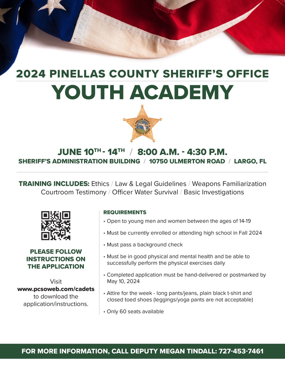 Time is running out to apply for the 2024 Youth Academy! Applications are due by May 10th. Download it here bit.ly/3JLUFIR For more information on the Pinellas County Sheriff’s Office Cadets Unit #900 and the academy visit pcsoweb.com/cadets