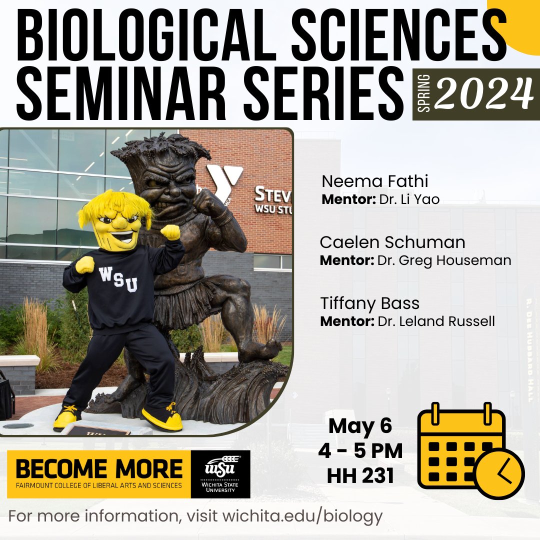 Today’s Biological Seminar Series continues with our graduate students! As always, seminar is open to everyone and all #BioShox are encouraged to attend.🌾
@wichitastate
@fairmountWSU

#BecomeMore #FairmountCollege