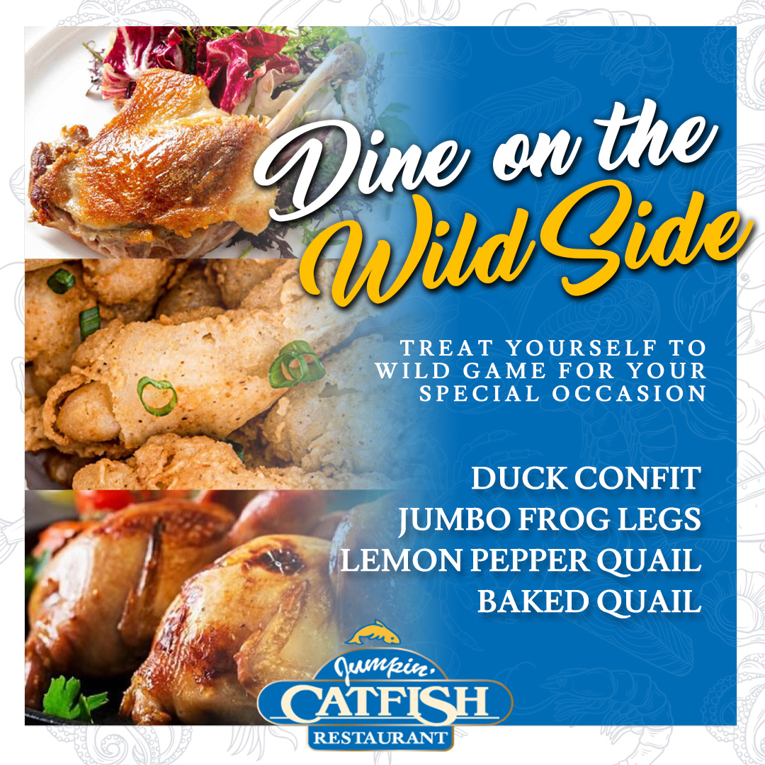 Treat yourself to wild game dishes like 🦆 Duck Confit, Jumbo Frog Legs, Lemon Pepper Quail, and Baked Quail. Each dish offers a burst of flavors that your taste buds will love. So why settle for ordinary when you can have extraordinary? #yumyum #getinmybelly #JumpinCatfish 😋