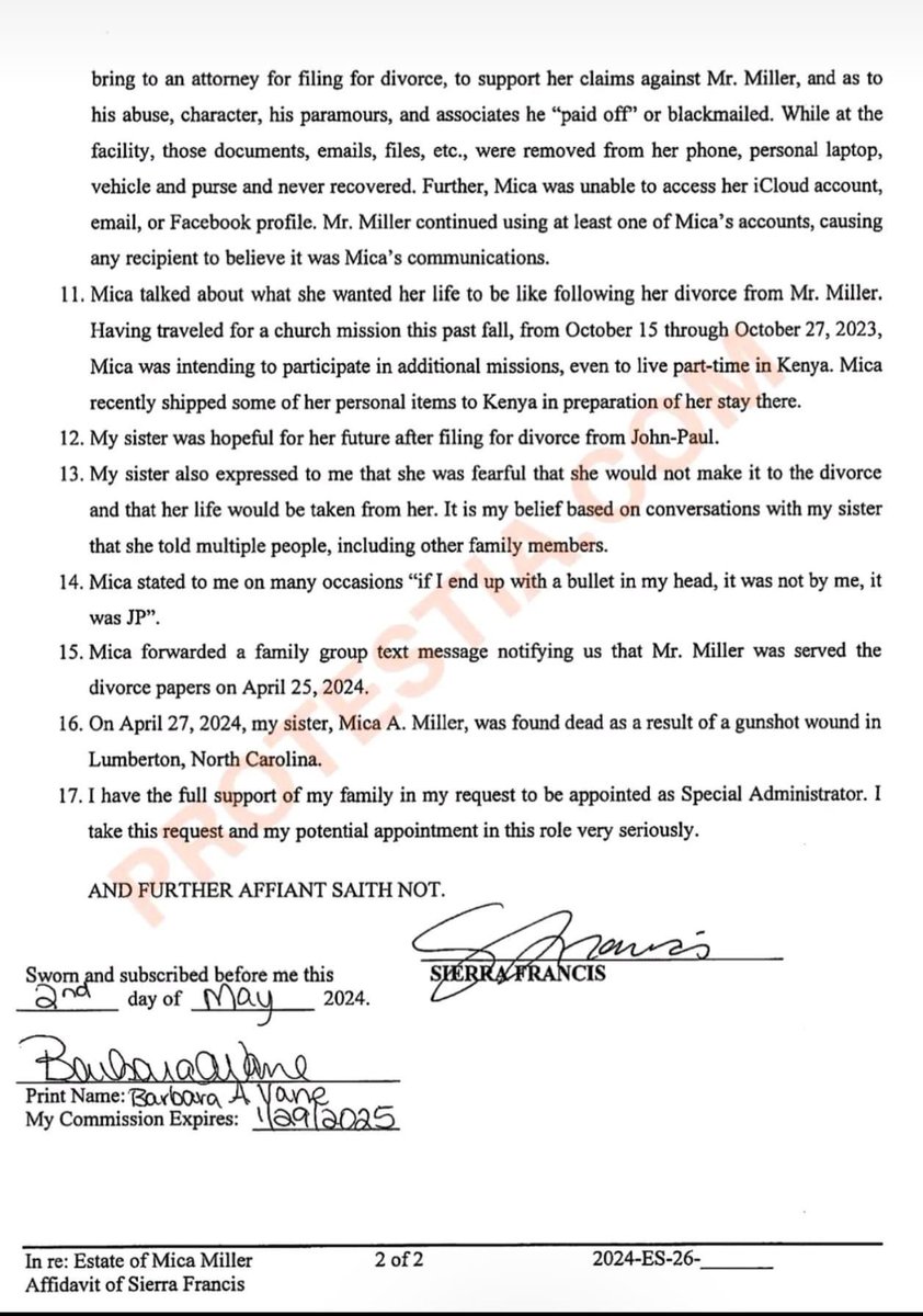 Affidavit from the sister of Mica Miller detailing some of the abuse she endured before she died. “Mica stated to me on many occasions ‘if I end up with a bullet in my head, it was not by me, it was JP.’” She KNEW he was coming for her. #justiceformica