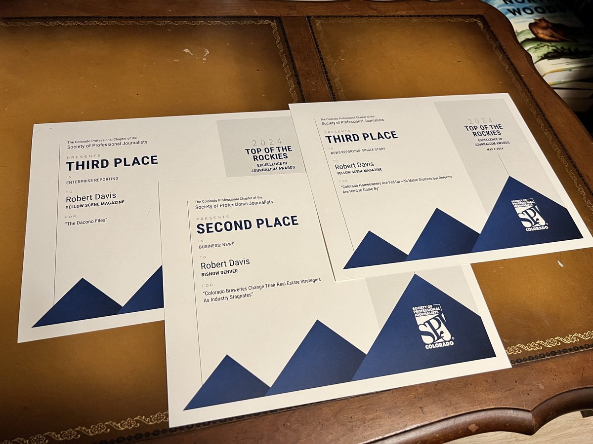 Happy to announce that I won four awards at this year's @SPJCOLO Top of the Rockies contest (one not pictured)!

Best part is I won awards for three different outlets: @yellowscenemag @ColoradoSun @Bisnow 

Thanks to everyone who supports my work!