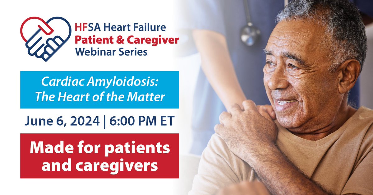 Do you have patients with cardiac amyloidosis? Tell them about our patient-focused webinar, Cardiac Amyloidosis: The Heart of the Matter on Thursday, June 6 at 6 PM ET. ❤️ Learn more: hfsa.org/cardiac-amyloi…
