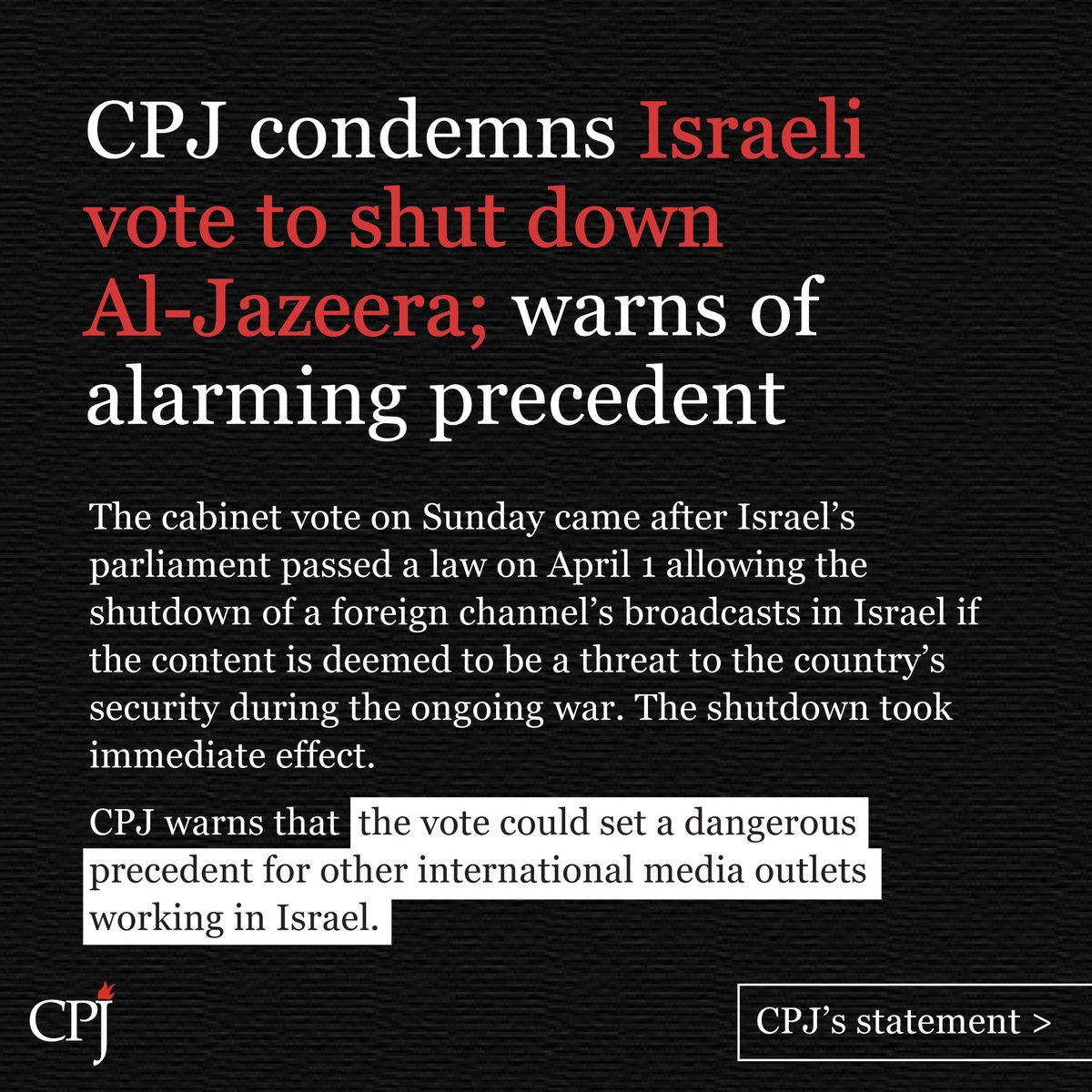 We condemn the Israeli cabinet’s decision to shut down Al-Jazeera’s operations in Israel and warn that the vote could set a dangerous precedent for other international media outlets working in Israel. #Israel #Gaza #PressFreedom #Censorship