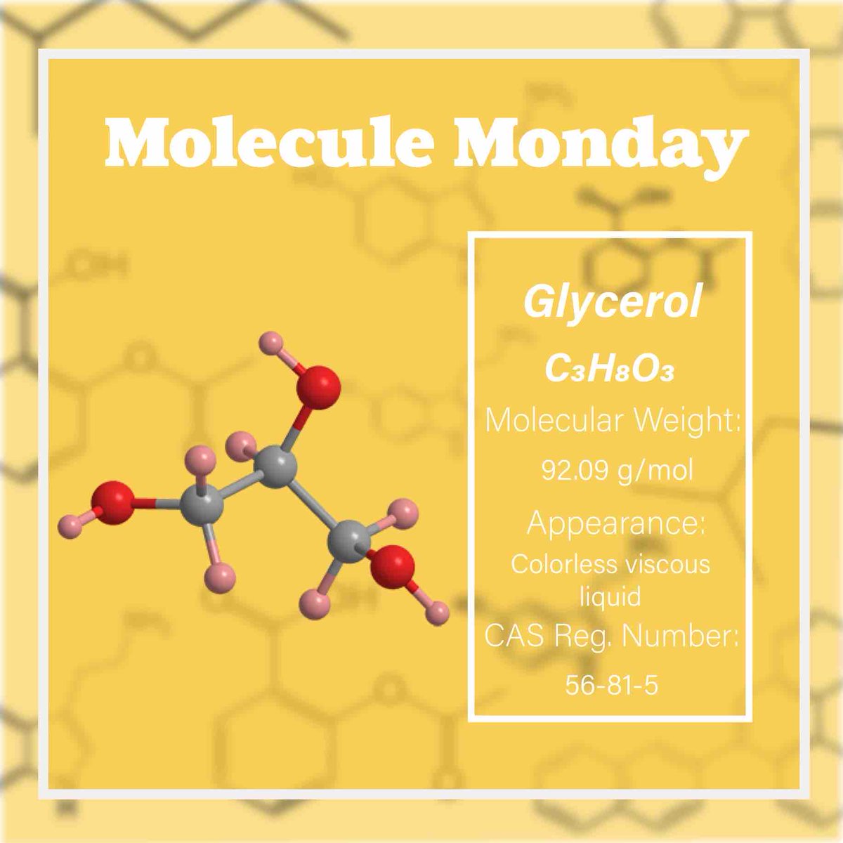 Do you know about glycerol, a molecule found almost anywhere you look? Learn more about this molecule at acs.org/molecule-of-th…. Images used in this post are from asc.org.