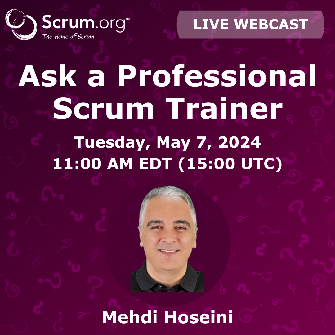 Facing challenges on your Scrum Team? Bring your questions to tomorrow's Ask a PST session with Mehdi Hoseini! Register 👉 scrum.org/resources/ask-… #Scrum #AskaPST