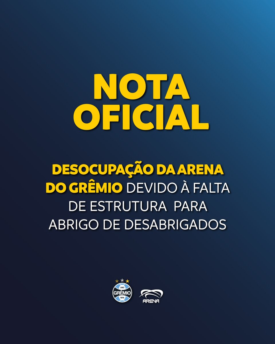 𝐍𝐎𝐓𝐀 𝐎𝐅𝐈𝐂𝐈𝐀𝐋 A Arena do Grêmio, que serviu como ponto provisório de abrigo para mais de 500 pessoas afetadas pela enchente em Porto Alegre, enfrenta uma situação crítica. Segue 1/4