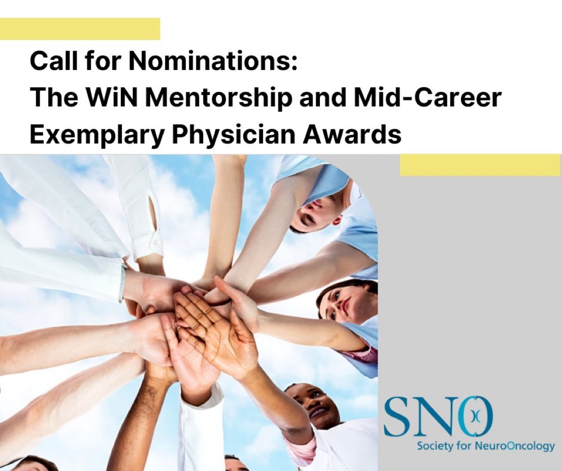 The SNO Diversity and Women in Neuro-Oncology Committee needs your assistance for the WiN Mid-Career Exemplary Physician Award and WiN Mentorship Award. Today is the last day to submit nominations! To nominate please visit surveymonkey.com/r/3KFDJRP