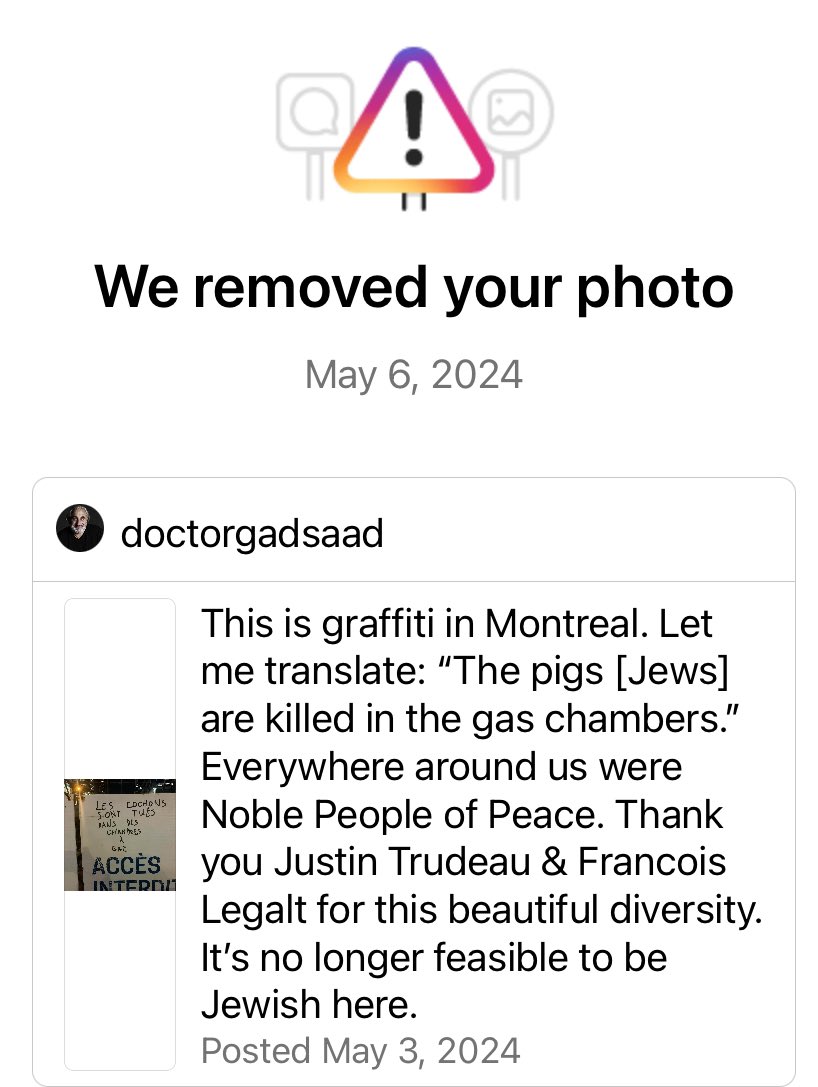 The heroes of @instagram have removed a photo that I took to DOCUMENT Jew-hatred in Montreal. This was removed on Holocaust Remembrance Day. I’m not allowed to document calls to exterminate the Jews on Holocaust Remembrance Day. It’s unreal.