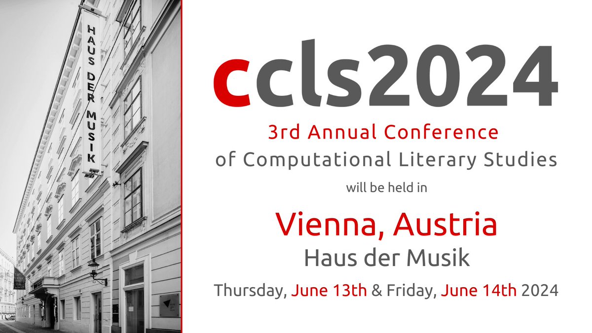 ⚡️#CCLS2024 - The keynote will be held by Maciej Eder @MaciejEder 'Text Analysis Made Simple (Kind of), or 10 Years of Stylo'
Register now for the 3rd Conference of Computational Literary Studies in Vienna from June 13 - 14th!
Find the program & more at:
👉jcls.io/site/ccls2024