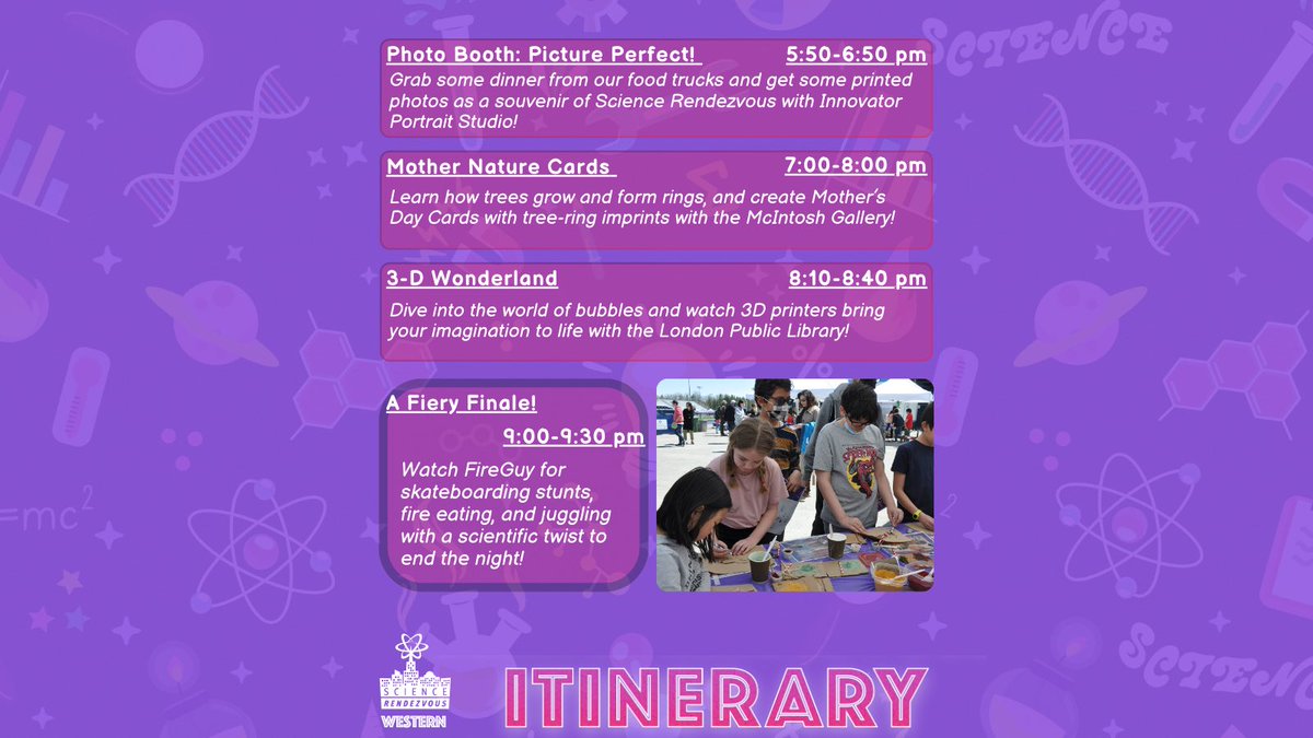 There's FIVE days until #SciRenUWO! Can you feel the excitement? ✨🚀

Today's featured event itinerary is for the artist at heart, interested in painting, making music, and more! 🎨🖌️

#uwo #ldnont #westernu #ScienceRendezvous #SciRenUWO #scienceforkids #londonevents