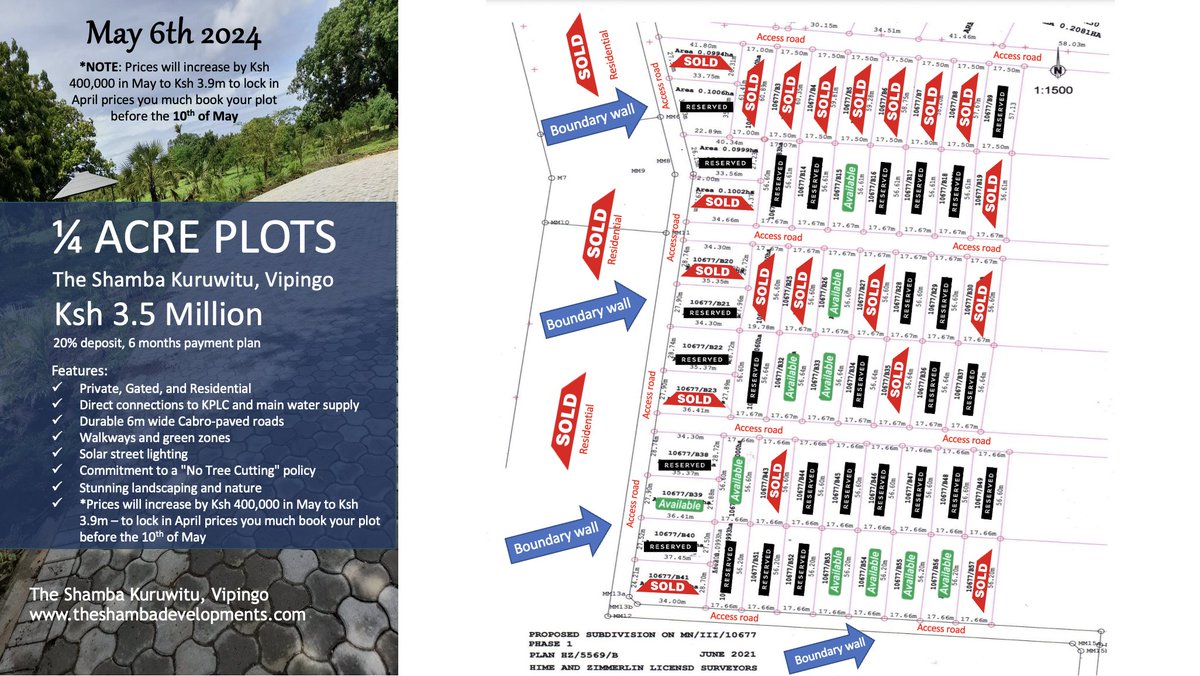 TheShambaLife's tweet photo. 🚨 #Vipingo Price Increase Alert! As of May 10th, the cost for our 1/4 and 1/2 acre plots will rise to Ksh 3.9m and Ksh 6.5m. 

You still have time to secure our current rates by reserving your plot before May 10th.

Limited availability! Call to find out more +254113405330 https://t.co/lrhD3aUm2f