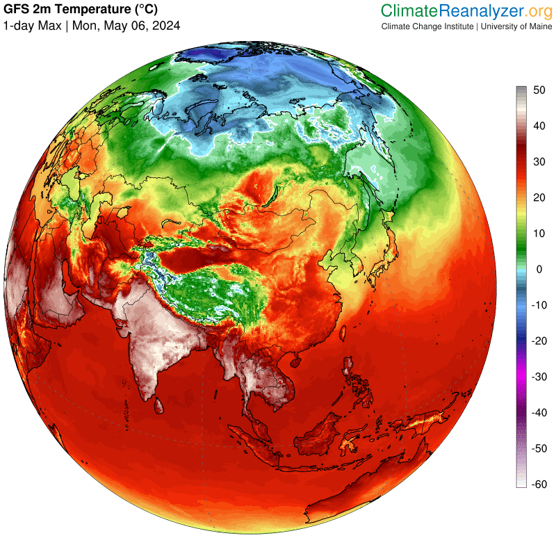 I've never seen so much white covering the Map of #India and SE #Asia. The white colour indicates temperatures of 45C plus. The risk of heatstroke is very high if exposed to this climate for any length of time. How are people supposed to work outdoors?
