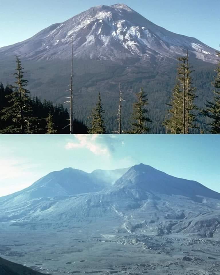First pic is of Mt. Saint Helens, taken I believe on May 17, 1980. The lower pic is 4 months later… 
The amount of rock removed from the eruption, and devastation of forest, is astounding to me.