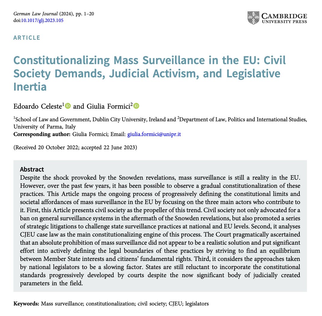 Is generalised and undiscriminated #surveillance prohibited in the EU? In this new @Ger_Law_Journal paper👇@GFormici and I analyse how an absolute prohibition does not exist, but how civil society and courts are progressively contributing to limit this practice... 1/2