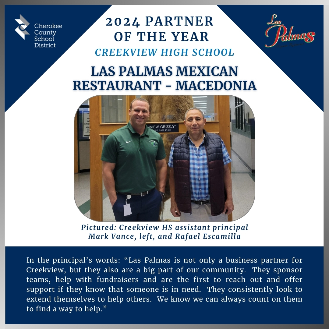We appreciate partners' support of our schools, which is why we celebrate their service here – congratulations to Creekview HS 2024 Partner of the Year: Las Palmas Mexican Restaurant - Macedonia. #CCSDPartnersInAction #CCSDfam