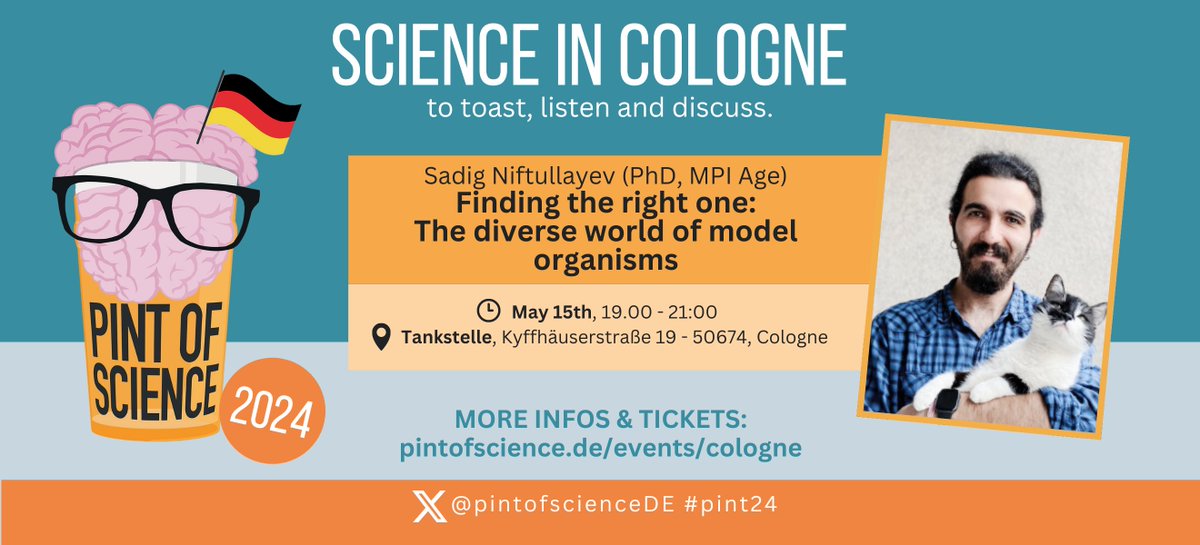🍻🧠🤓 Intrigued by biology and in #Cologne? Don’t miss the #pint24de event on May 15! @SNiftullayev, @MPIAGE PhD student will discuss #modelorganisms and how they are matched to science projects: is it #therightone? 🦠💕🔬@pintofscienceDE 🎟️TICKETS Here! pintofscience.de/event/on-dance…