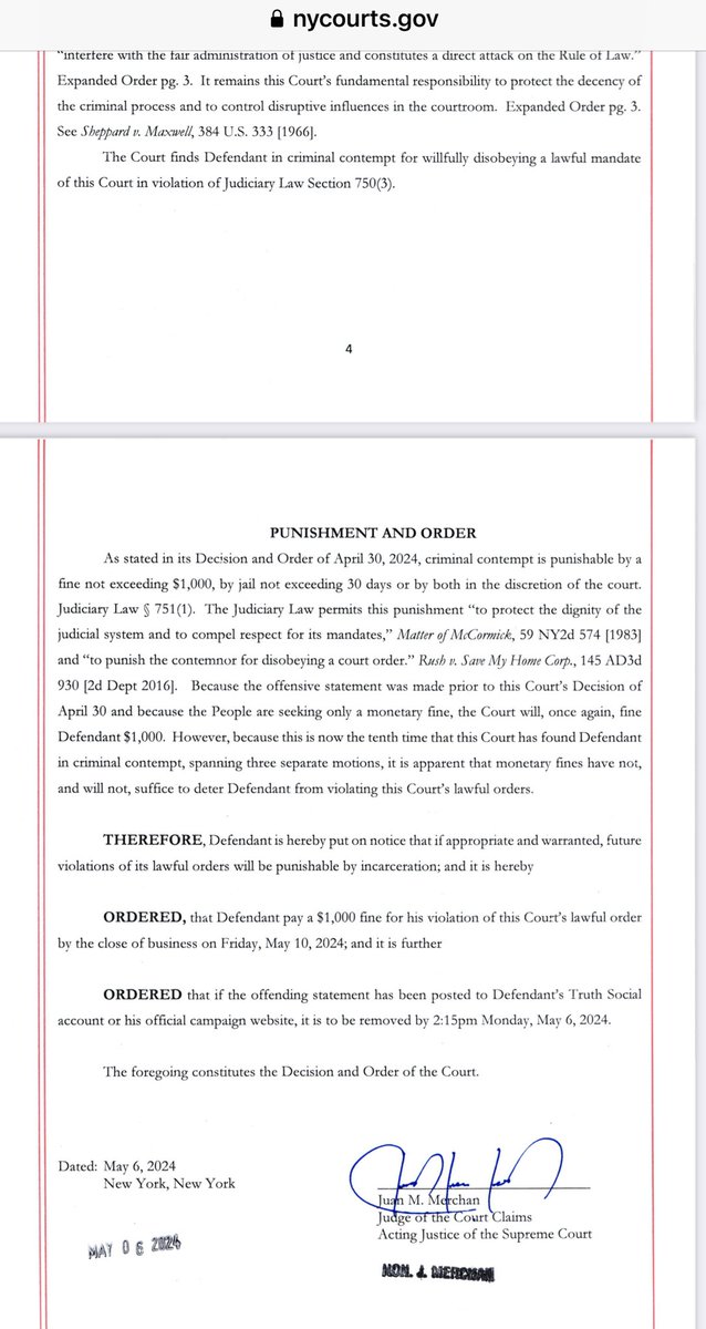 New: Judge Merchan addresses Trump directly re: continued gag order violations. “It appears the 1,000 fines are not serving as a deterrent”. Orders incarceration for future violation.