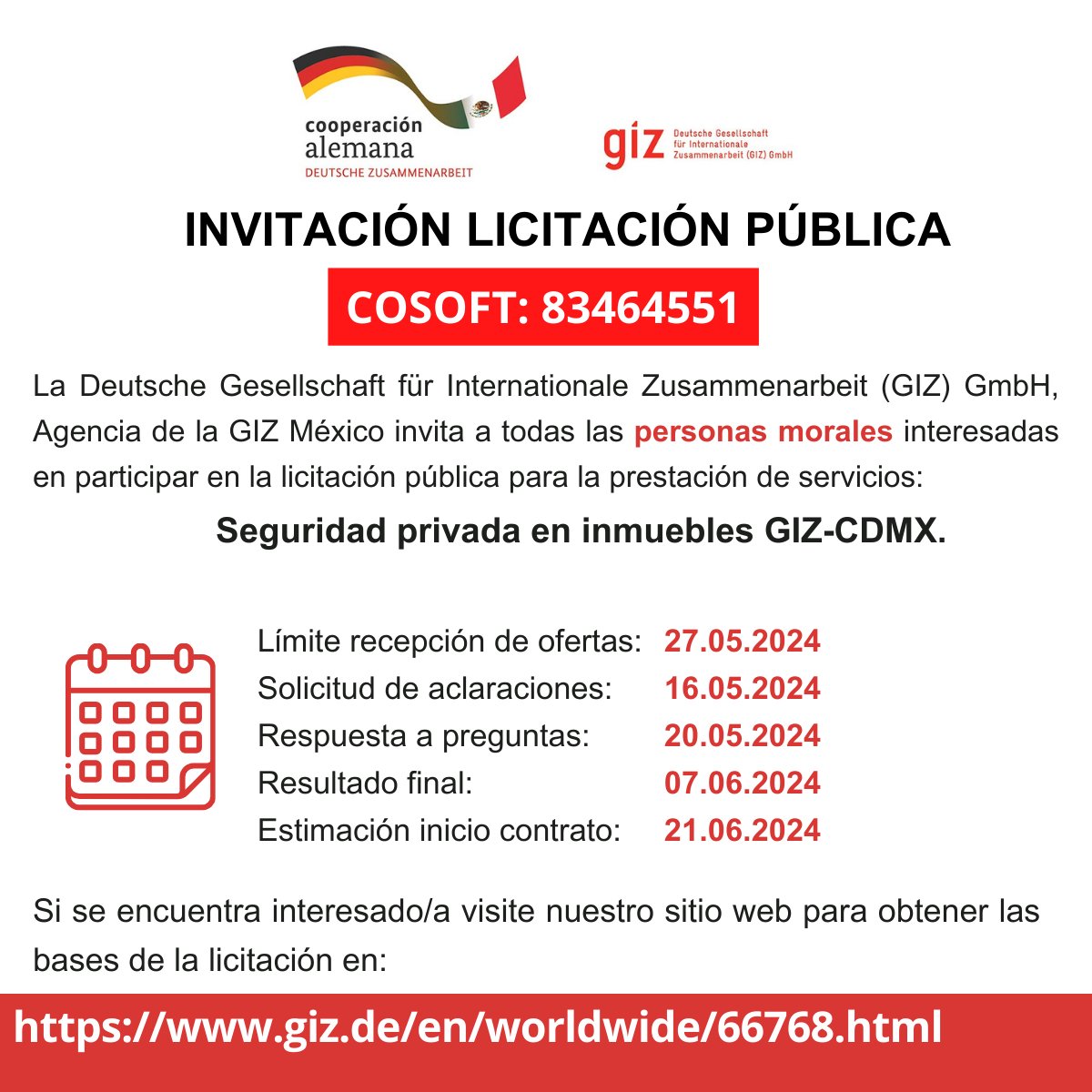 La Deutsche Gesellschaft für Internationale Zusammenarbeit (GIZ) GmbH, Agencia de la GIZ México invita a todas las personas morales interesadas en participar en la siguiente licitación: Visite nuestro sitio web para más información: giz.de/en/worldwide/6…