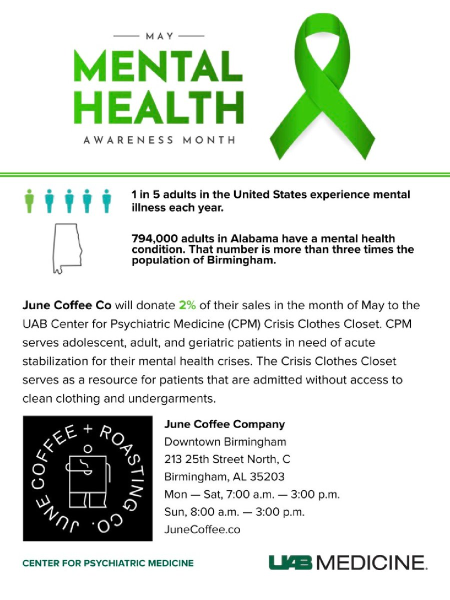 Visit June Coffee Co's downtown Birmingham location this month to support the UAB Center for Psychiatric Medicine (CPM). June Coffee Co will donate 2% of their sales in May, #MentalHealth Awareness Month, to directly support the CPM Crisis Clothes Closet. junecoffee.co
