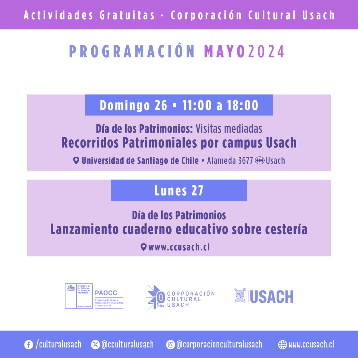 Iniciamos un nuevo mes y con él vienen nuevas actividades; inauguraciones, Día del Patrimonio, conversatorio, entre otras. ¡No te las pierdas!