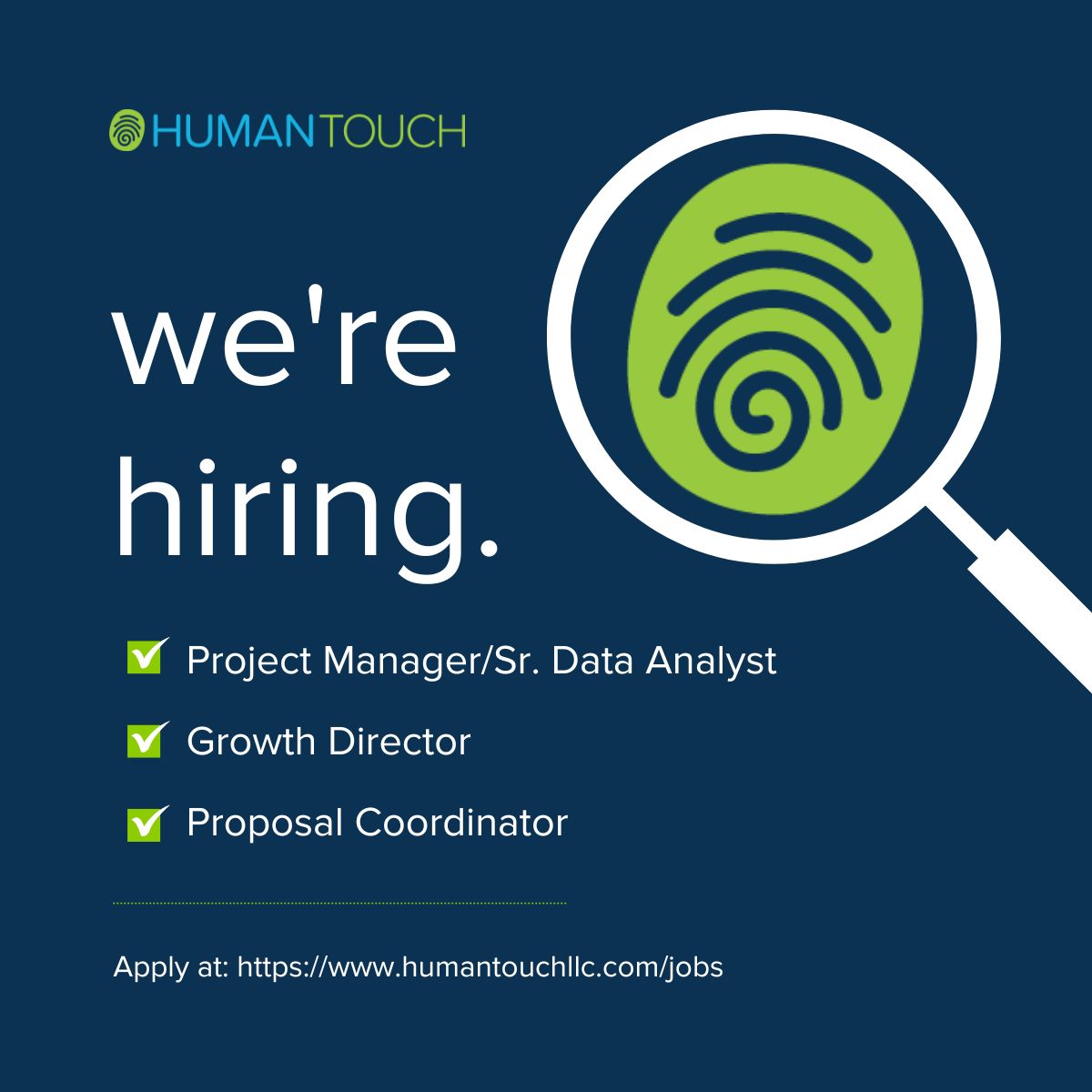 No more #SundayScaries! Join our team of dedicated change-makers & love your job that leaves a lasting imprint. 

🚀Apply today at humantouchllc.com/jobs.
#Hiring #Careers #DoD #ChangeManagement #PM #Growth #Proposals #TechJobs #ITJobs #Veterans #GovCon #DataAnalyst