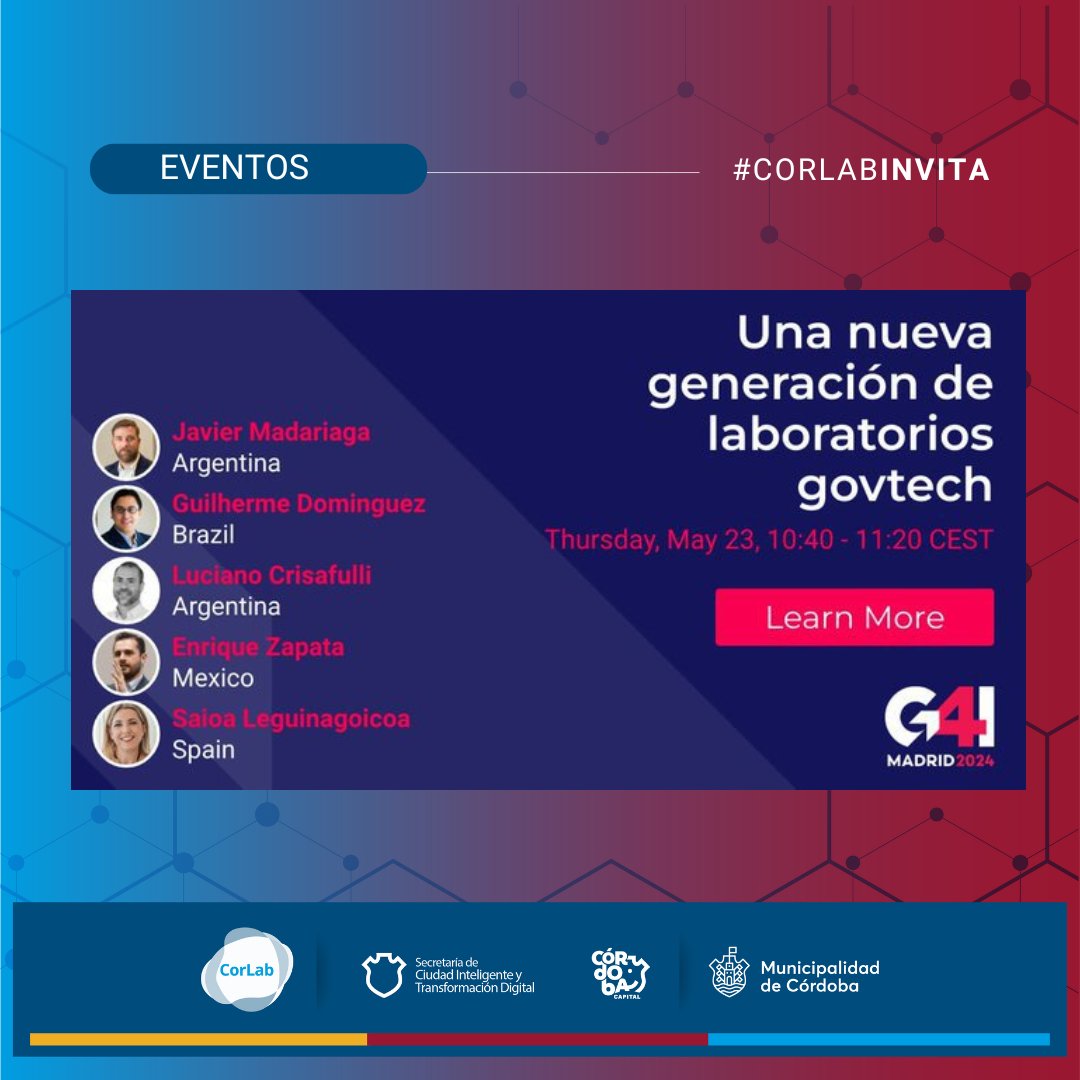 Felices de anunciar que CorLab será parte del encuentro global govtech más importante del año @G4Icongress 
Del 21 al 23/05 estaremos en Madrid representando a @MuniCba  junto a cientos de funcionarios, emprendedores y líderes internacionales en GovTech 
bit.ly/3y48AY9