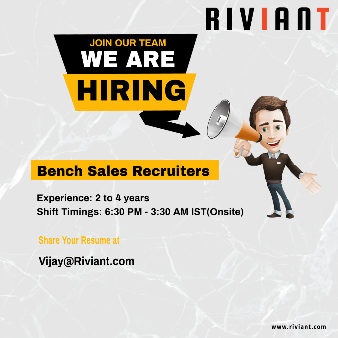 We are Looking for Senior Bench Sales Recruiters

Experience:- 2 to 4 years
Shift Timing:- 6:30 PM- 3:30 AM IST(Onsite)
Share profiles to Vijay@Riviant.com

#benchsalesrecruiters #benchsales #sales #recruiters #jobs #salesrecruiters #jobseekers #hyderabadjobs
