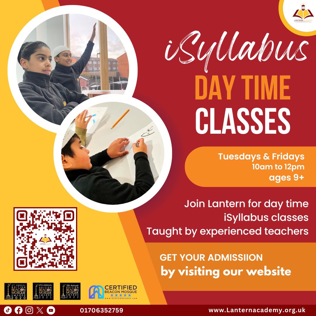 iSyllabus day time classes. Currently homeschooled? Looking for day time Islamic studies classes? Lanterns here to help. Taught Tuesdays or Fridays, 10am to 12pm. Visit our website for admissions 📚 

#iSyllabus #Islamicstudies #Homeschooled #Islam #FYP #Madrassah