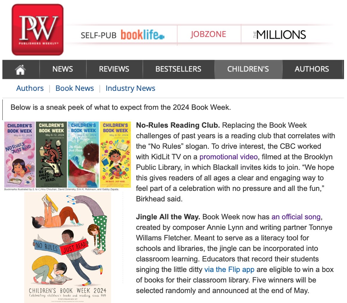 🥳📚✨This week we’re celebrating the 105th Anniversary of @CBCBook & @EveryChildRead’s #ChildrensBookWeek! This year’s theme is “No Rules. Just Read.” & we partnered w/CBC to make the promotional video! Find out more in @PublishersWkly: publishersweekly.com/pw/by-topic/ch…