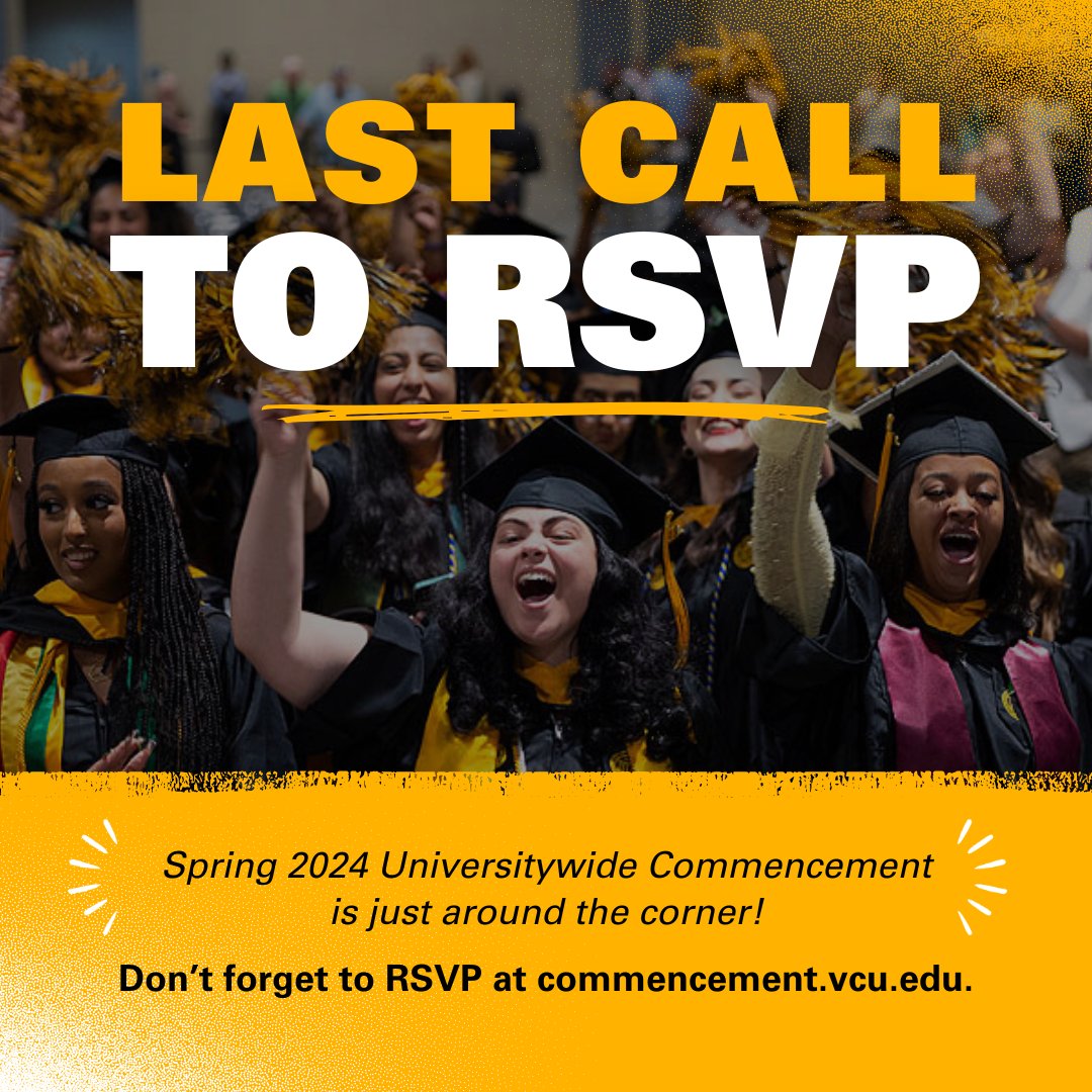 Spring 2024 Universitywide Commencement is this Saturday, May. 11! 🎓🎉 Don’t forget to RSVP via the following link: docs.google.com/forms/d/e/1FAI… For all other FAQs, visit commencement.vcu.edu #VCUGrad #VCU2024