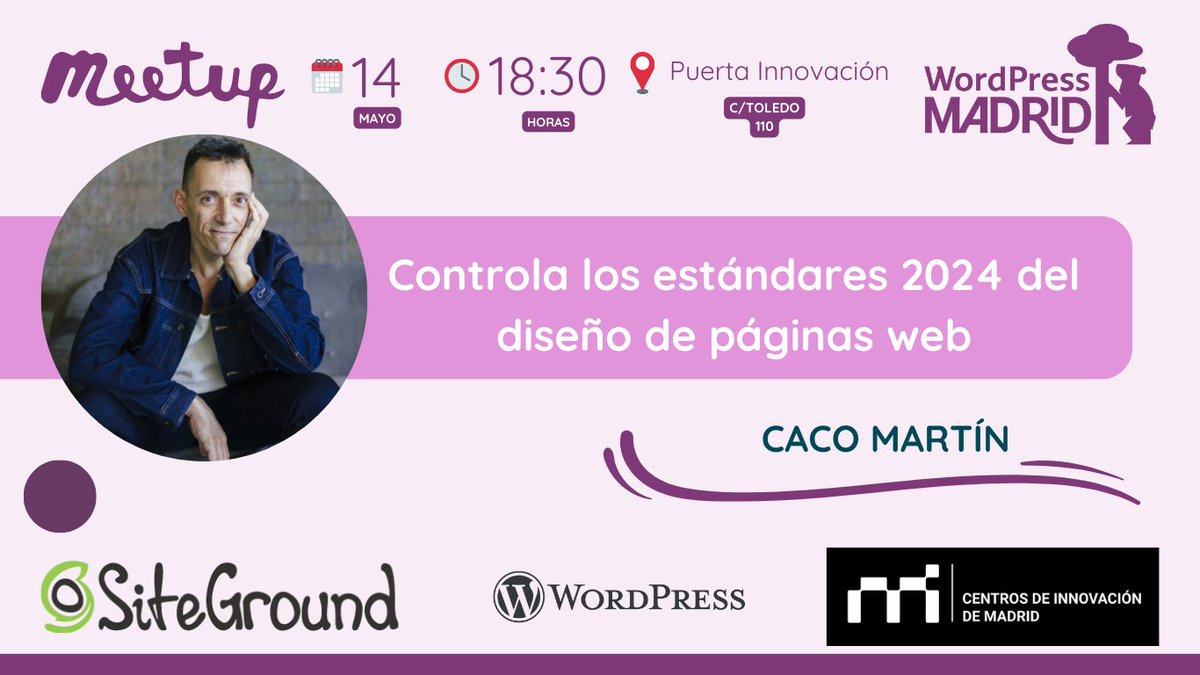 "Controla los estándares 2024 del diseño de páginas web" nuestra próxima meetup en <a href="/Puerta_Inno/">Puerta Innovación</a> con Caco Martín 
Nos juntaremos para conocer más profesionales #WordPress  y hacer networking
Patrocina <a href="/SiteGround_ES/">SiteGround España</a> 
Reserva tu plaza 👇
meetup.com/es-ES/wordpres…