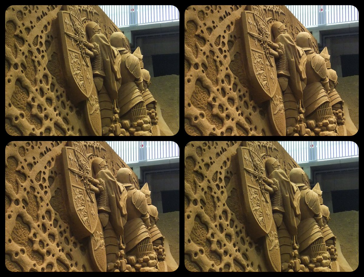 #鳥取砂丘砂の美術館　#砂像彫刻　#100年戦争　をモチーフにした作品　　
砂の質感と作品の繊細さがよく分かる？？

イギリスとフランスって100年も戦争を続けていたのか⚔

#3d #Streoscopic #parallelview #crossview #立体写真　#ステレオ写真
