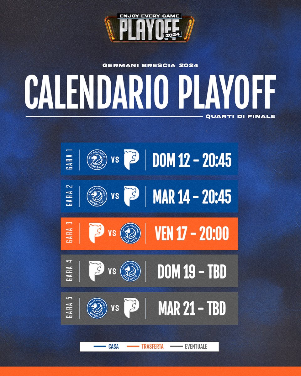 𝗘𝗡𝗝𝗢𝗬 𝗘𝗩𝗘𝗥𝗬 𝗚𝗔𝗠𝗘 Quarti di finale contro Pistoia ✨ Gara 1: domenica 12 maggio ore 20:45 - PalaLeonessa Gara 2: martedì 14 maggio ore 20:45 - PalaLeonessa Gara 3: venerdì 17 maggio ore 20:00 - PalaCarrara Ev. gara 4: domenica 19 maggio Ev. gara 5: martedì 21 maggio