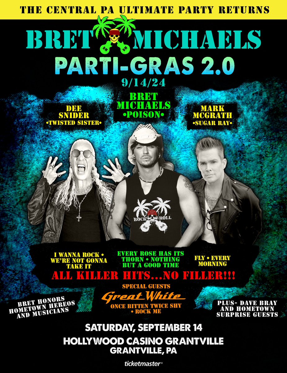 🎸Just Announced 🎸 Bret Michaels is bringing @deesnider & @mark_mcgrath to his home state for an epic Parti-Gras @HollywoodPenn Sat 9/14 🎊 Get your tickets now! ⬇️ ticketmaster.com/event/020060A2…