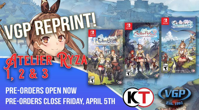 VideoGamesPlus_'s tweet photo. #VGPReprint Update!

Atelier Ryza 1, 2, and 3 reprints for the #NintendoSwitch have arrived at #VGP

Preorders will begin shipping within the next few days. All versions are SOLD OUT! 
 
Thanks to everyone who preordered.
#NSW #Atelier #RPG #videogames