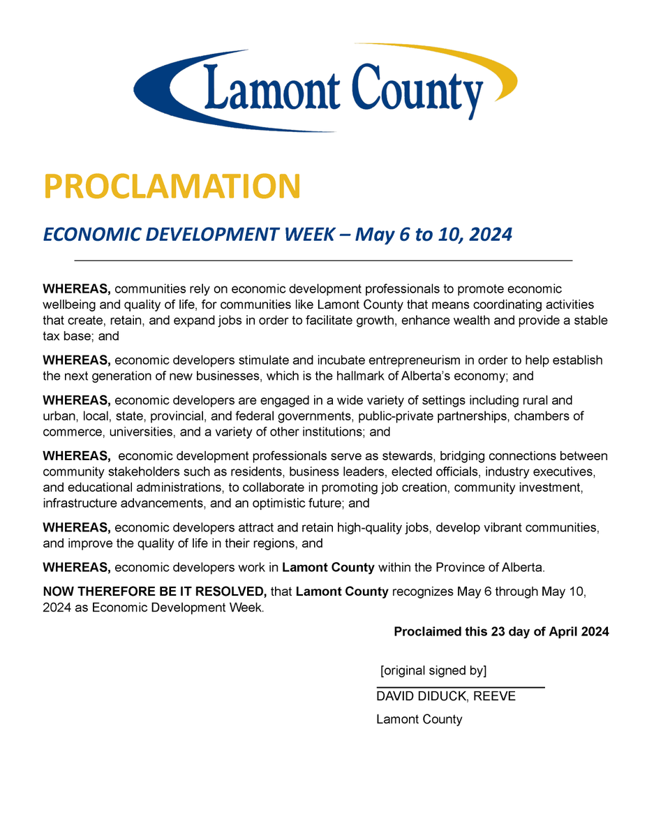 #LamontCounty has proclaimed May 6-10, 2024 as #EconomicDevelopmentWeek. lamontcounty.ca/news
edaalberta.ca/Economic-Devel… #EconDevWeek.  #LamontCountyNow  #IEDC #EDA