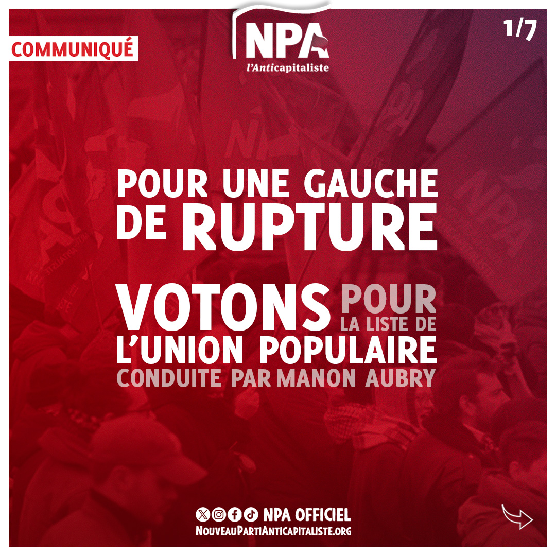 Pour une gauche de rupture, votons pour la liste de l'union populaire conduite par Manon Aubry.
Communiqué du NPA à lire en thread ou sur notre site
👉 nouveaupartianticapitaliste.org/communique/pou…
1/7 ⤵️
