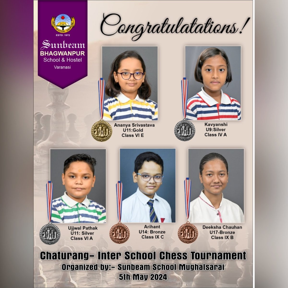 Huge congratulations to all the winners of this year's Chaturang Inter School Chess Tournament organized by Sunbeam School, Mughalsarai! 
Your strategic brilliance and unwavering focus have truly set the board alight. Well played, champions! 🥇👑

 #ChessChampions #StrategyWins