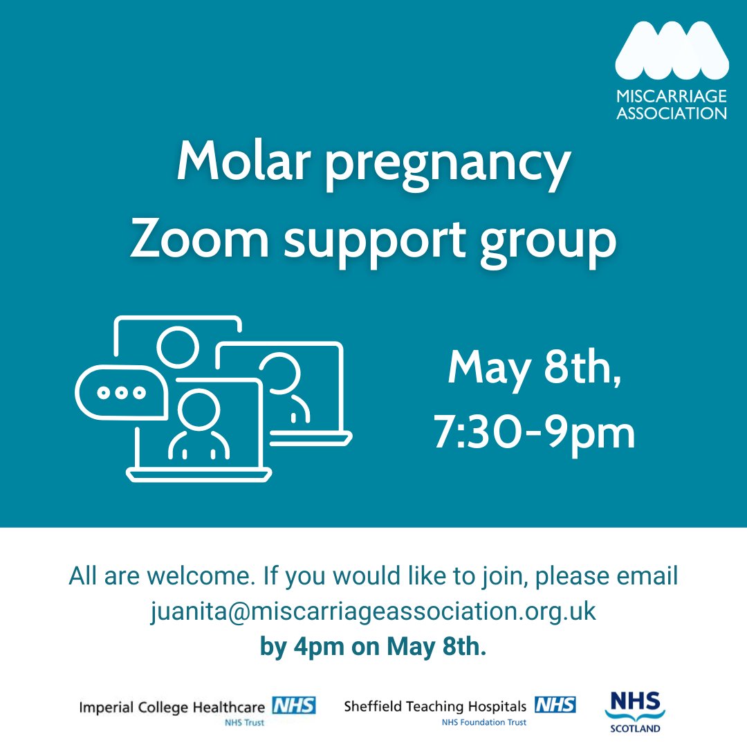 On Wednesday 8th May, 7:30-9pm, we're holding a support group for those affected by molar pregnancy, but not needing treatment. If you would like to join, please email juanita@miscarriageassociation.org.uk by 4pm on Wednesday 8th May.