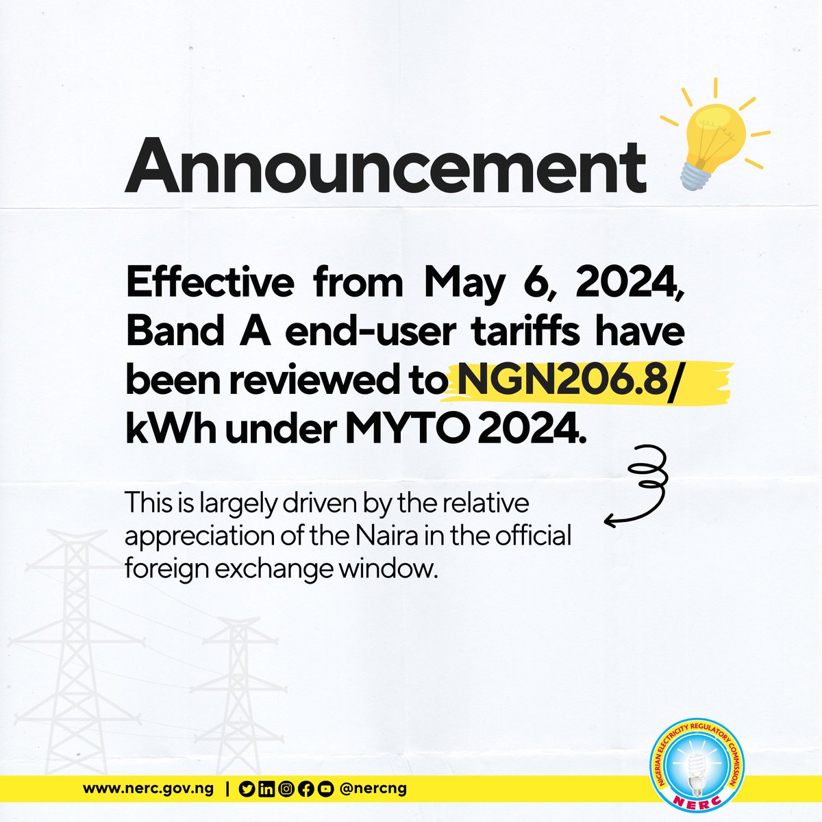 Effective from May 6, 2024, Band A end-user tariffs have been reviewed to NGN206.8/ kWh under MYTO 2024. This is largely driven by the relative appreciation of the Naira in the official foreign exchange window. #NERC #TariffReview #Tariff #BandA