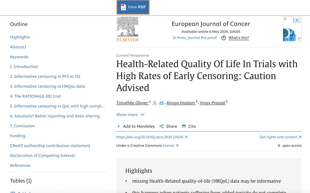 Just out @Timothee_MD and Alyson Haslam and I show how Quality of Life reporting depends on *completion rate* of forms. Completion rate is so poor (or imbalanced) in many modern RCTs that QoL is entirely unreliable @vkprasadlab sciencedirect.com/science/articl…
