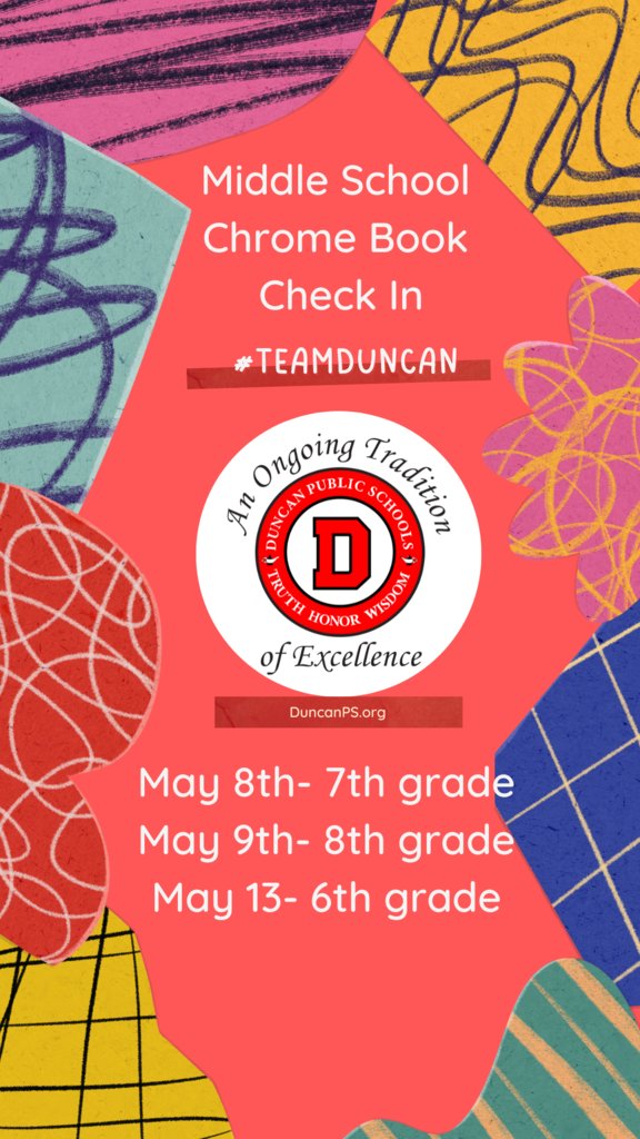 DuncanMiddle's tweet photo. Middle School Parents and Students!

We will start the process of checking in our students' Chromebooks for the summer starting this week! 

Please remember that your student needs to bring their Chromebook, case, and charger from home on their check-in day. 

Dates below! https://t.co/JXVOTG24E8