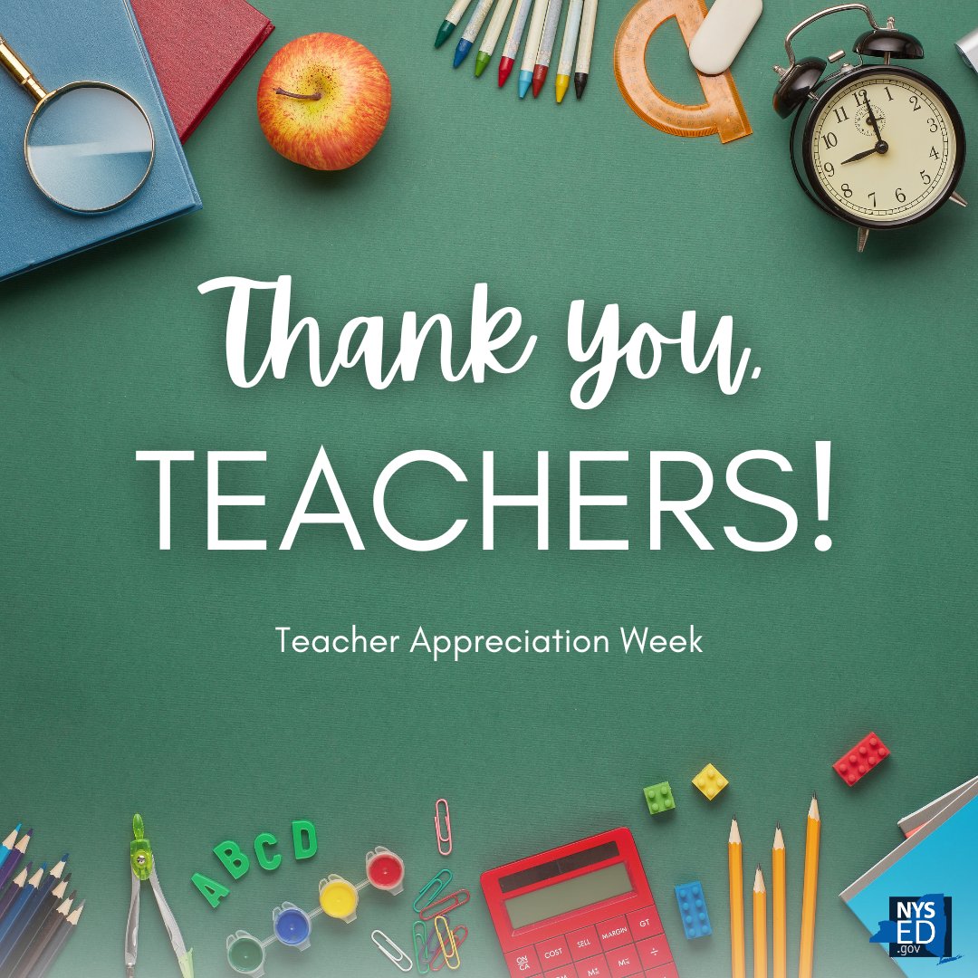 NYSEDNews's tweet photo. Happy #TeacherAppreciationWeek! Thank you to our New York State teachers whose extraordinary efforts make a difference in the lives of their students. This week, #ThankATeacher who has inspired you! https://t.co/6R2m0erFz4